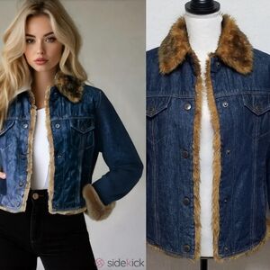 Nine West Vintage Rare Cropped Dark Wash Denim Teddy Bear Brown Faux Fur Jacket